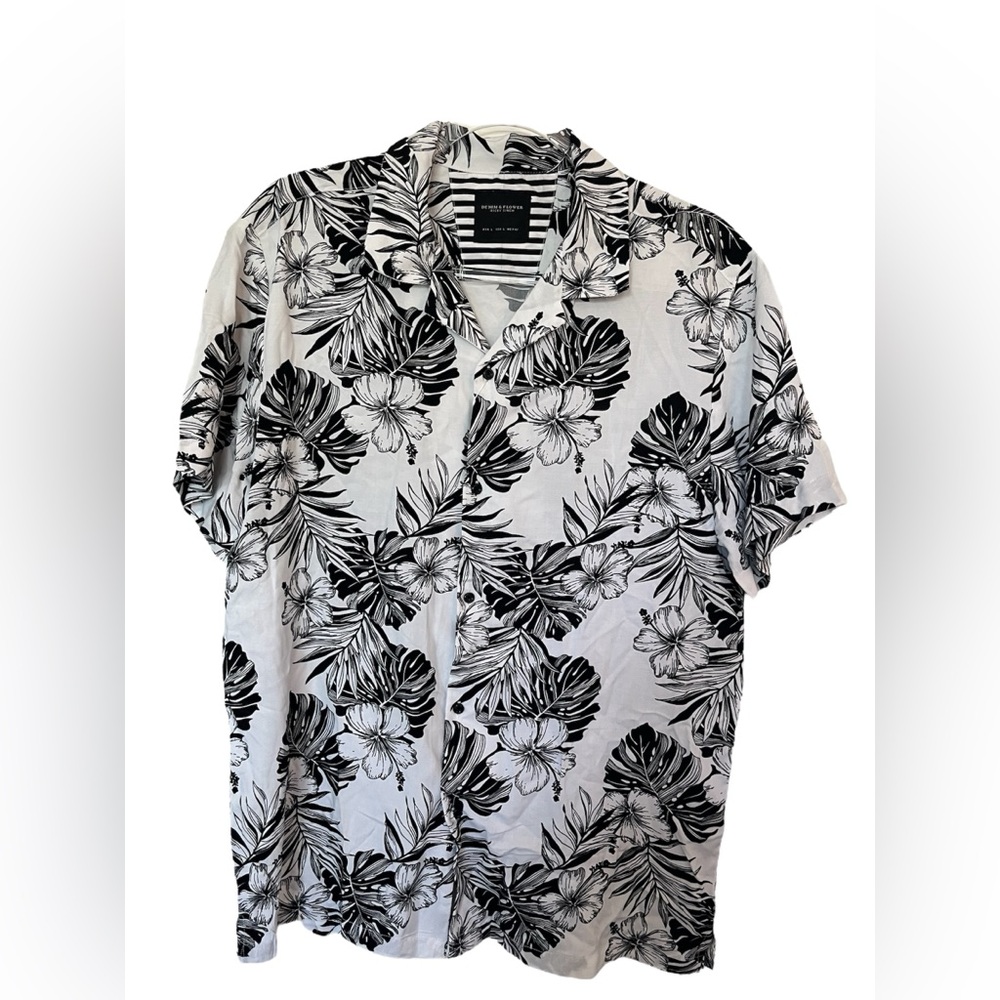 Men’s Black and White Tropical Denim and Flower by Ricky Singh Shirt - Size L